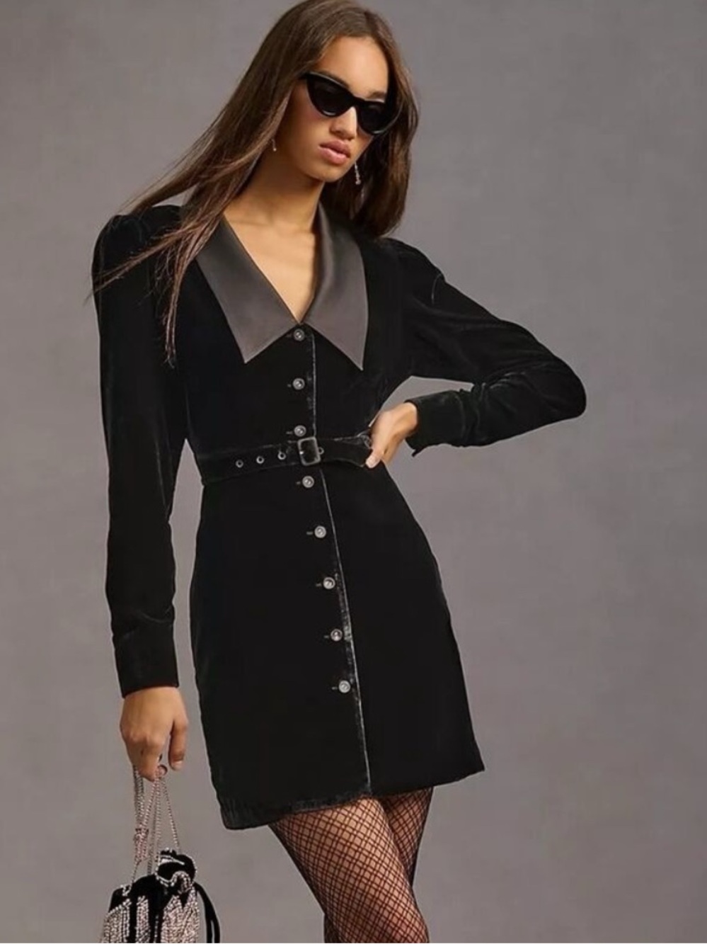 Favorite Daughter Black Velvet Long-Sleeve Button Dress with Satin Collar